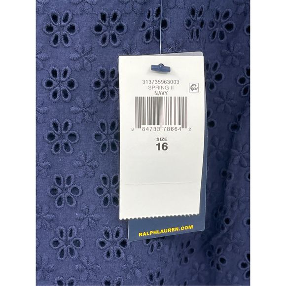 Ralph Lauren Dress Kids Girls Size 16 Navy Blue Eyelet Flutter Sleeve‎ New - Picture 4 of 11